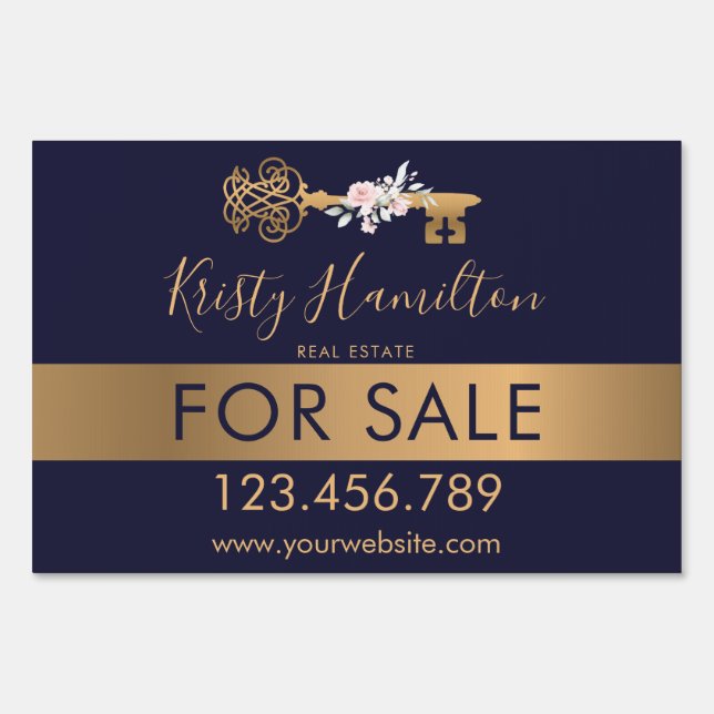 Luxe Gold Skeleton Key Realtor For Sale Sign Navy  (Front)