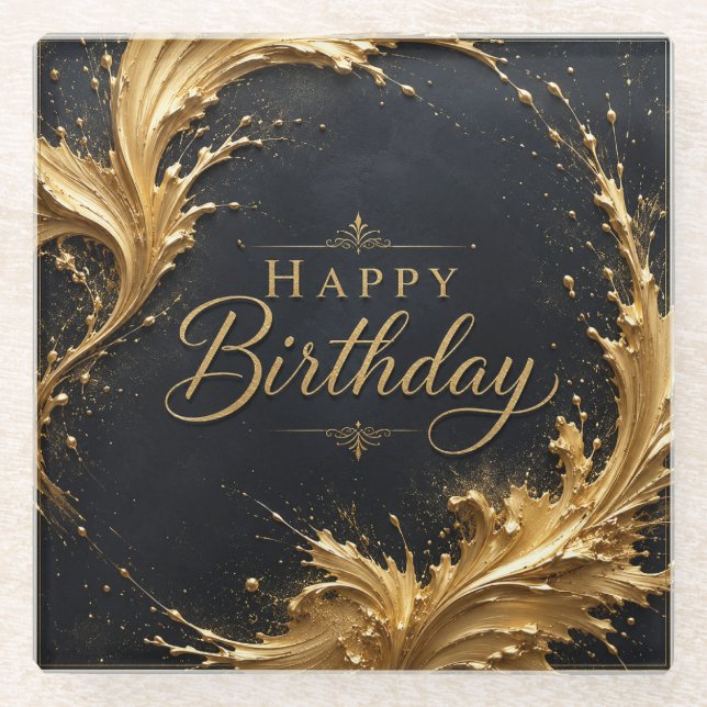 Luxe Gold Splash Birthday Elegance Glass Coaster (Front)