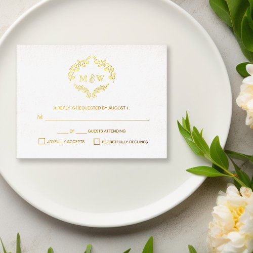 Luxe Gold Wedding monogram crest mail back Foil Holiday Postcard