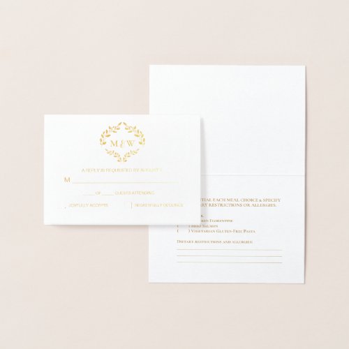 Luxe Gold Wedding monogram crest Meal selection Foil Card