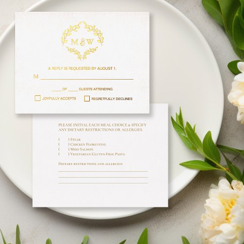 Luxe Gold Wedding monogram crest Meal selection Foil Holiday Postcard