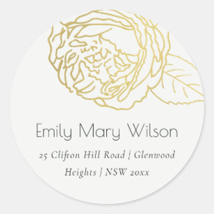 LUXE GOLD WHITE ELEGANT ROSE FLORAL ADDRESS CLASSIC ROUND STICKER