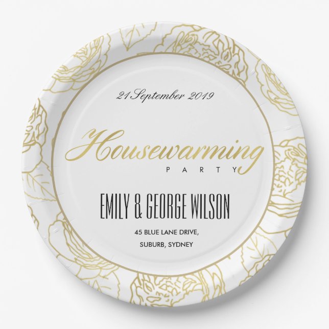 LUXE GOLD WHITE ELEGANT ROSE FLORAL HOUSEWARMING PAPER PLATES (Front)