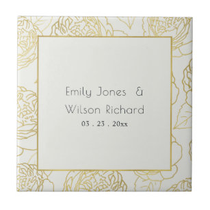 LUXE GOLD WHITE ELEGANT ROSE FLORAL SAVE THE DATE CERAMIC TILE