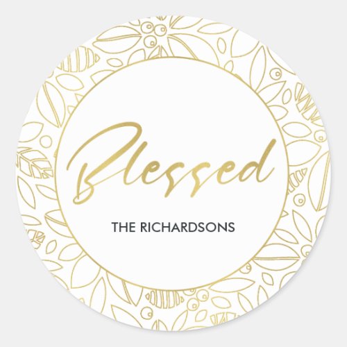 LUXE GOLD WHITE HOLLY BERRIES CHRISTMAS BLESSED CLASSIC ROUND STICKER