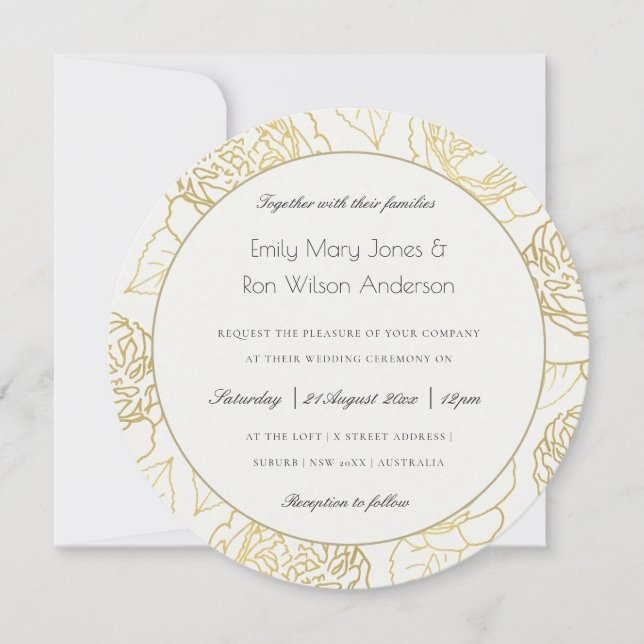 LUXE GOLD WHITE KRAFT ELEGANT ROSE FLORAL WEDDING INVITATION (Front)