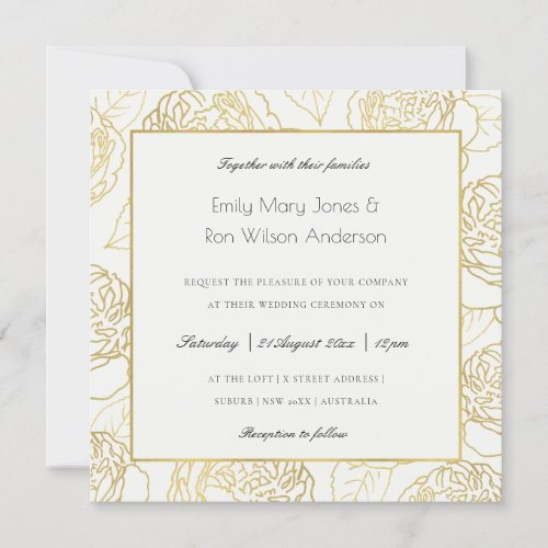 LUXE GOLD WHITE KRAFT ELEGANT ROSE FLORAL WEDDING INVITATION