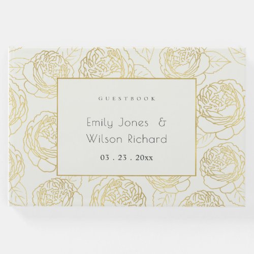 LUXE GOLD WHITE NAVY ELEGANT ROSE FLORAL GUEST BOOK