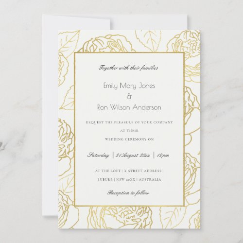 LUXE GOLD WHITE NAVY ELEGANT ROSE FLORAL WEDDING INVITATION