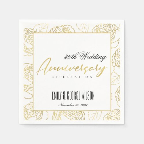 LUXE GOLD WHITE ROSE FLORAL ANY YEAR ANNIVERSARY NAPKINS
