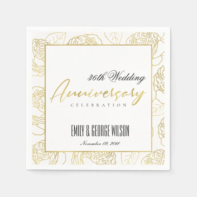 LUXE GOLD WHITE ROSE FLORAL ANY YEAR ANNIVERSARY NAPKINS (Front)