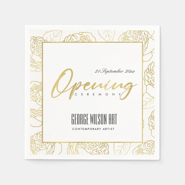 LUXE GOLD WHITE ROSE FLORAL GRAND OPENING CEREMONY NAPKINS (Front)