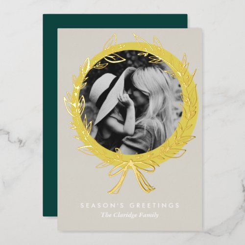 Luxe Golden Wreath Frame Photo Gold Foil Holiday Card