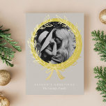 Luxe Golden Wreath Frame Photo Gold Foil Holiday Card<br><div class="desc">This gold foil holiday card features a hand drawn wreath set atop a round photo frame for a fun,  unique look! Personalize with your own photo,  greeting,  and family name.</div>