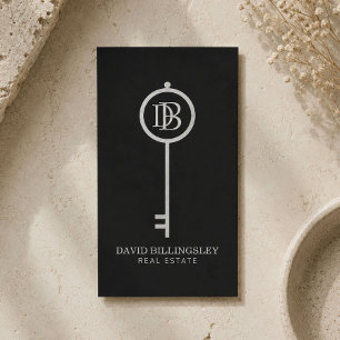 Luxe Gray Skeleton Key Monogram Realtor Business Card