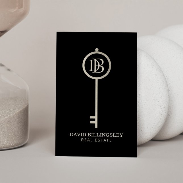 Luxe Gray Skeleton Key Monogram Realtor Business Card (Creator Uploaded)