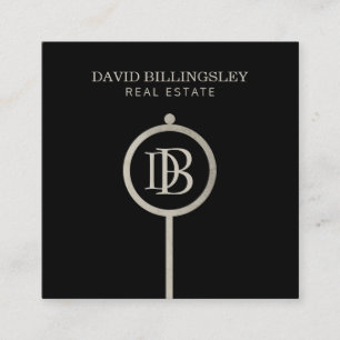 Luxe Gray Skeleton Key Monogram Realtor Square Business Card