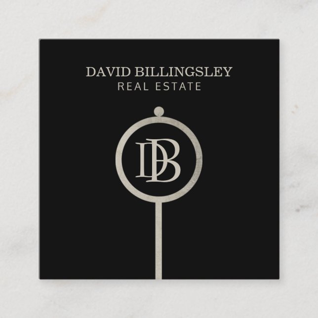 Luxe Gray Skeleton Key Monogram Realtor Square Business Card (Front)