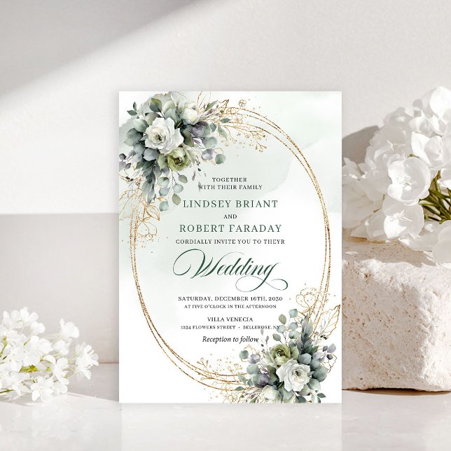Luxe green and gold roses wedding invitation (Luxe green and gold roses wedding invitation)