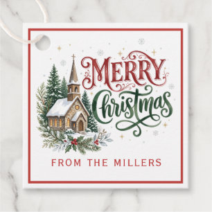 Luxe Green and Red Hand Lettering Christmas Church Favor Tags
