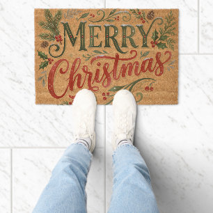 Luxe Green and Red Hand Lettering Fiber Doormat