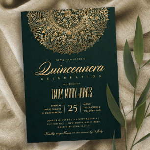 LUXE GREEN GOLD CLASSIC ORNATE MANDALA QUINCEANERA INVITATION