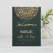 LUXE GREEN GOLD CLASSIC ORNATE MANDALA QUINCEANERA INVITATION (Standing Front)