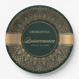 LUXE GREEN GOLD CLASSIC ORNATE MANDALA QUINCEANERA PAPER PLATES
