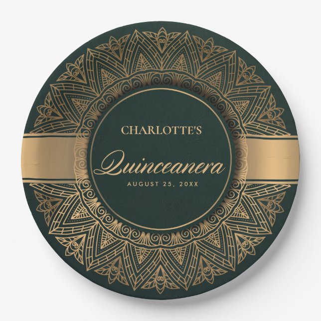 LUXE GREEN GOLD CLASSIC ORNATE MANDALA QUINCEANERA PAPER PLATES (Front)
