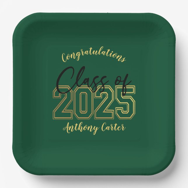 Luxe Green & Gold Graduation Party Plates (Front)