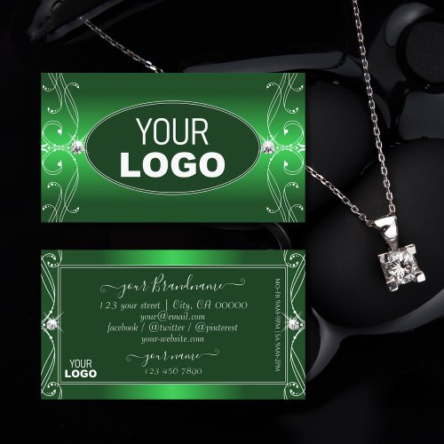 Luxe Green Gradient Ornate Sparkle Jewels Add Logo Business Card
