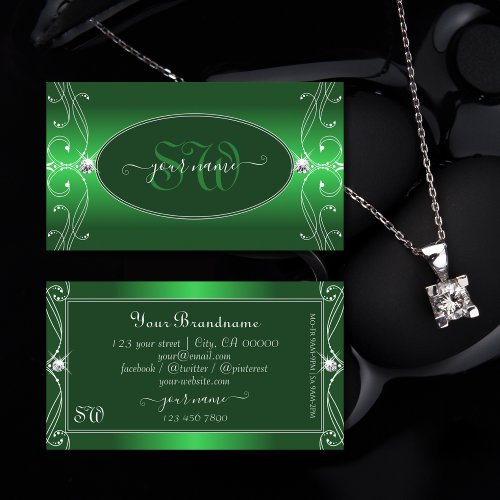 Luxe Green Gradient Ornate Sparkle Jewels Monogram Business Card