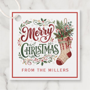 Luxe Green & Red Hand Lettering Christmas Stocking Favor Tags