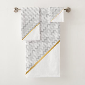LUXE GREY WHITE CHEVRON GOLD BATH TOWEL SET