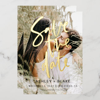 Luxe Handwritten Script Photo Save The Date Foil Invitation