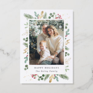 Luxe Holiday Card, Evergreen and Berries Letterpress Photo Cards