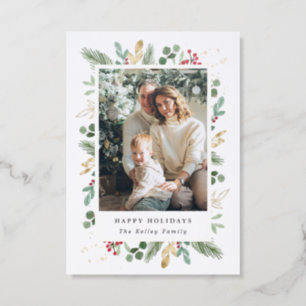 Luxe Holiday Card, Evergreen and Berries Letterpress Photo Cards