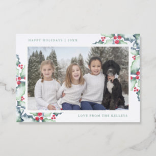 Luxe Holiday Card, Horizontal Holly and Berries Letterpress Photo Cards