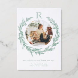 Luxe Holiday Card, Monogram Wreath Letterpress Photo Cards