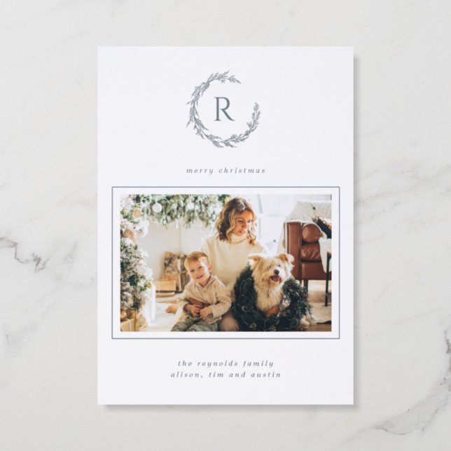 Luxe Holiday Wreath Monogram  Letterpress Photo Cards (Front)