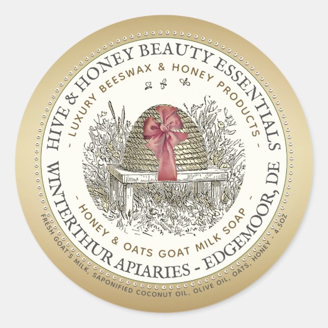 Luxe Honey Soap Label Gold with Skep and Bow (Front)