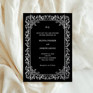 Luxe Illustrated Frame on Black Wedding Silver Foil Invitation
