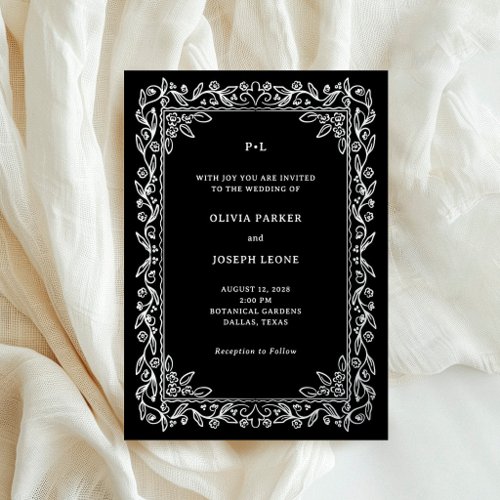 Luxe Illustrated Frame on Black | Wedding Silver Foil Invitation