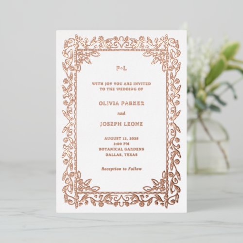 Luxe Illustrated Frame on White Wedding Rose Gold Foil Invitation