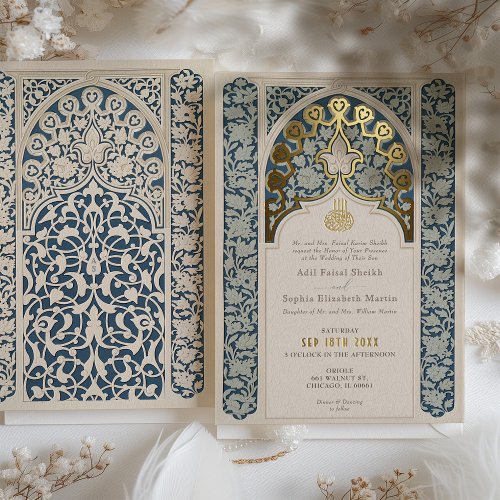 Luxe Islamic Lace Dusty Blue Wedding Foil Invitation