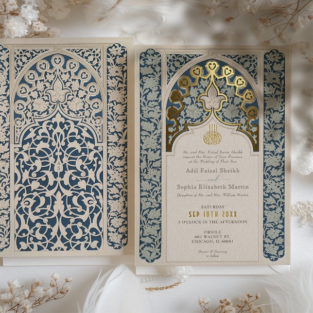 Luxe Islamic Lace Dusty Blue Wedding Foil Invitation (Creator Uploaded)