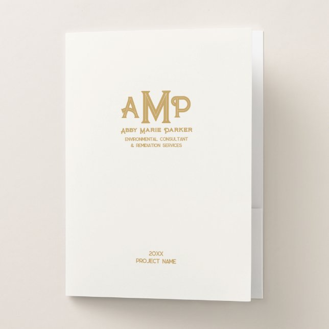 Luxe Ivory Gold 3 Letter Monogram Business Logo Pocket Folder (Front)