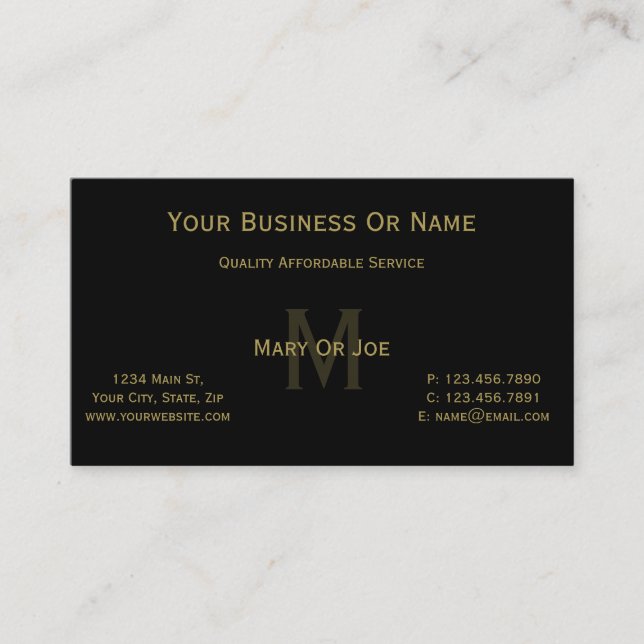 Luxe Jet Black Gold Typography Monogram Executive Business Card (Front)