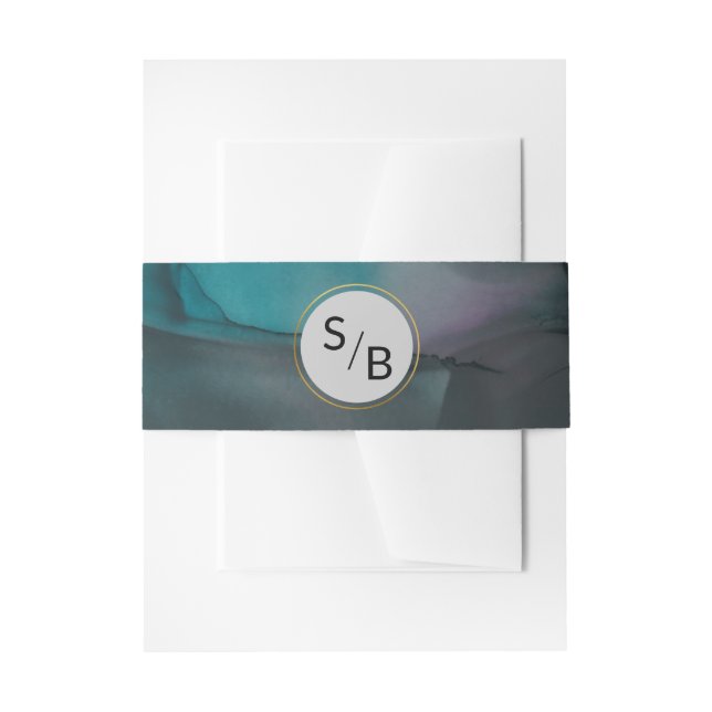 Luxe Jewel Tone Marble Ink Wash with Monograms Invitation Belly Band (Front Example)