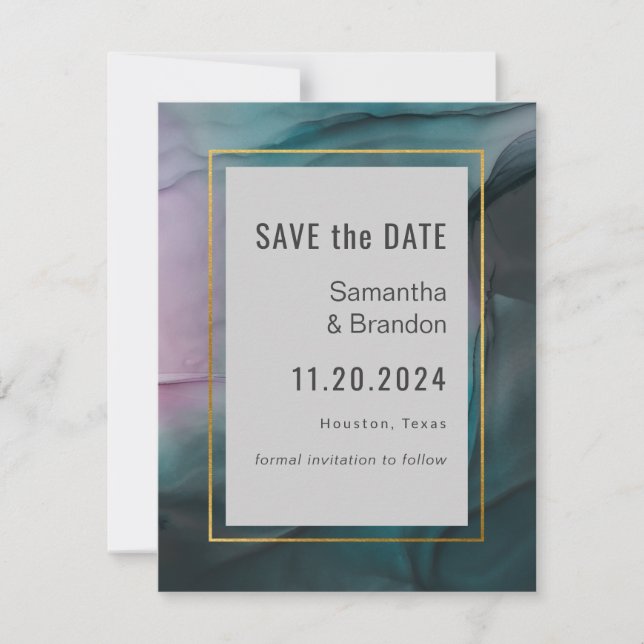 Luxe Jewel Tones Ink Wash Wedding Save the Date (Front)